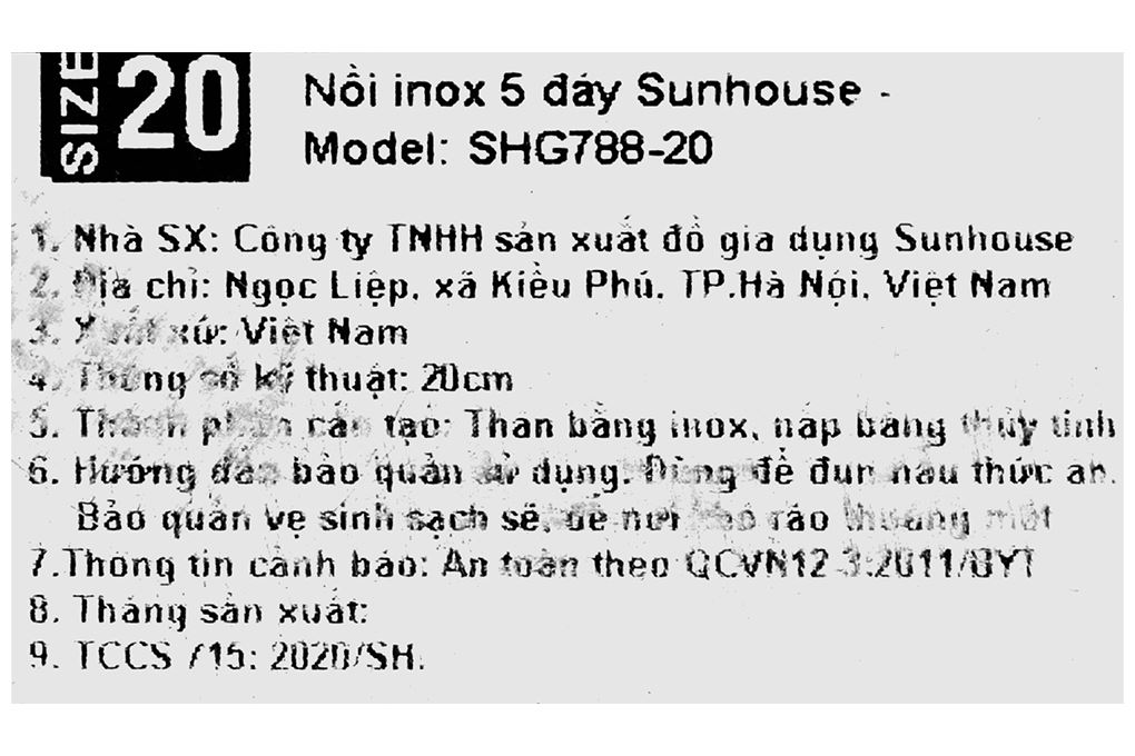 Nồi inox 5 đáy nắp kính 20 cm Sunhouse SHG788-20 Màu Bạc Inox
