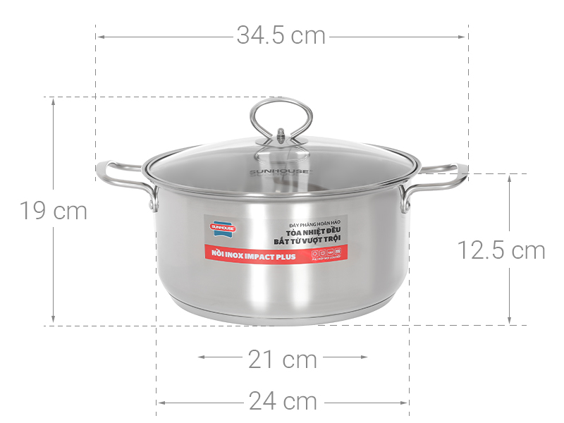 Nồi inox 5 đáy nắp kính 24 cm Sunhouse SHG788-24