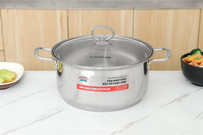 Nồi inox 5 đáy nắp kính 24 cm Sunhouse SHG788-24 Màu Bạc Inox