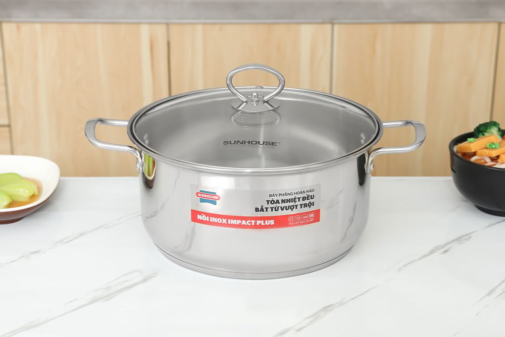 Nồi inox 5 đáy nắp kính 24 cm Sunhouse SHG788-24 Màu Bạc Inox
