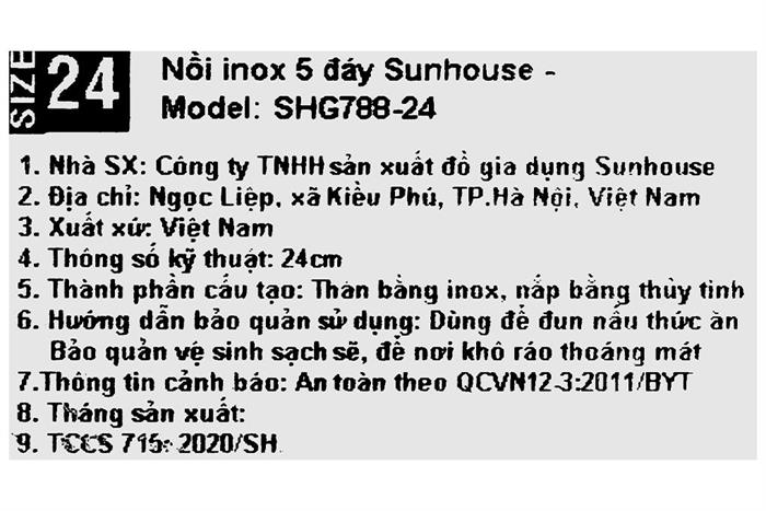 Nồi inox 5 đáy nắp kính 24 cm Sunhouse SHG788-24 Màu Bạc Inox
