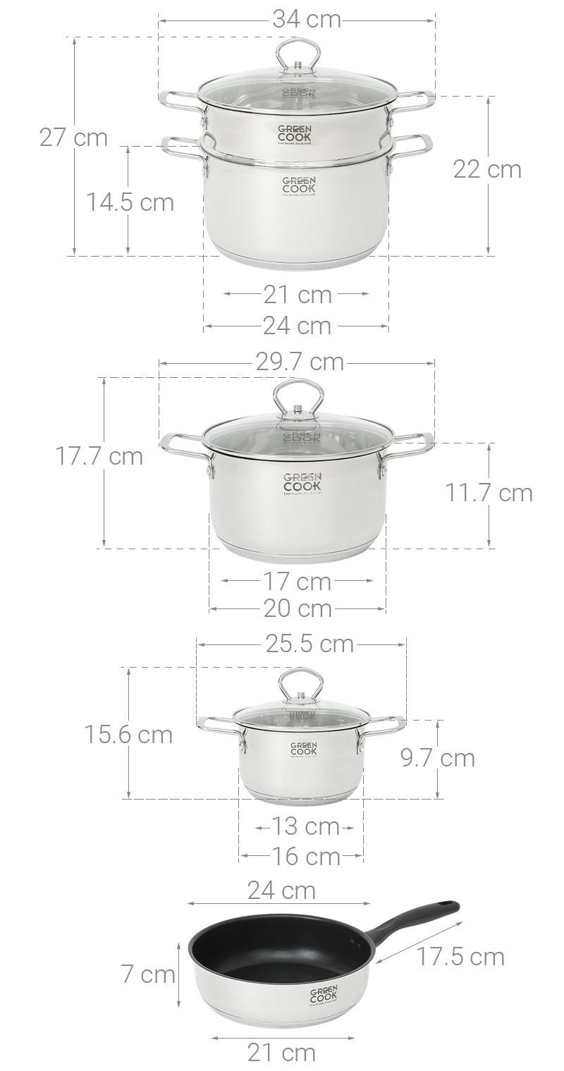 Bộ nồi chảo inox 5 đáy nắp kính Green Cook GCS241-T1