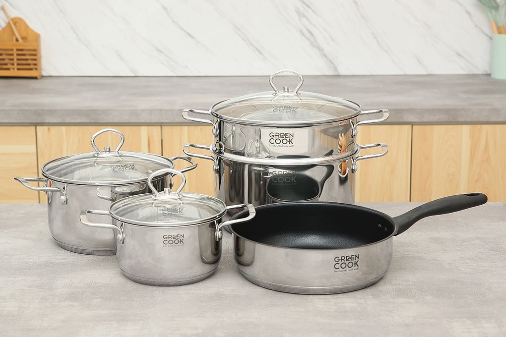 Bộ nồi chảo inox 5 đáy nắp kính Green Cook GCS241-T1 Màu Inox