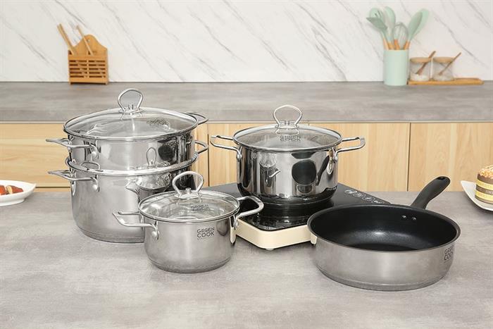 Bộ nồi chảo inox 5 đáy nắp kính Green Cook GCS241-T1 Màu Inox