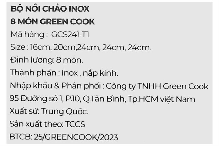 Bộ nồi chảo inox 5 đáy nắp kính Green Cook GCS241-T1 Màu Inox