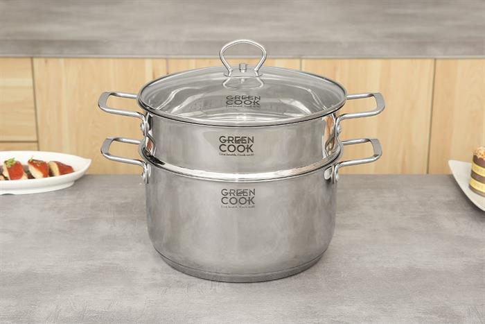 Bộ nồi chảo inox 5 đáy nắp kính Green Cook GCS241-T1 Màu Inox