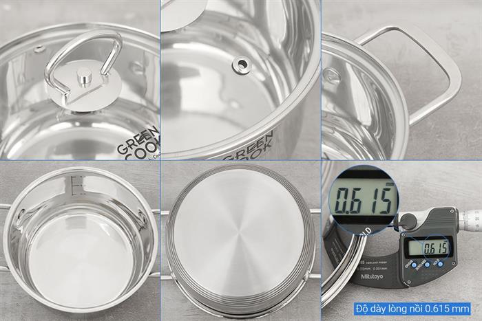 Bộ nồi chảo inox 5 đáy nắp kính Green Cook GCS241-T1 Màu Inox