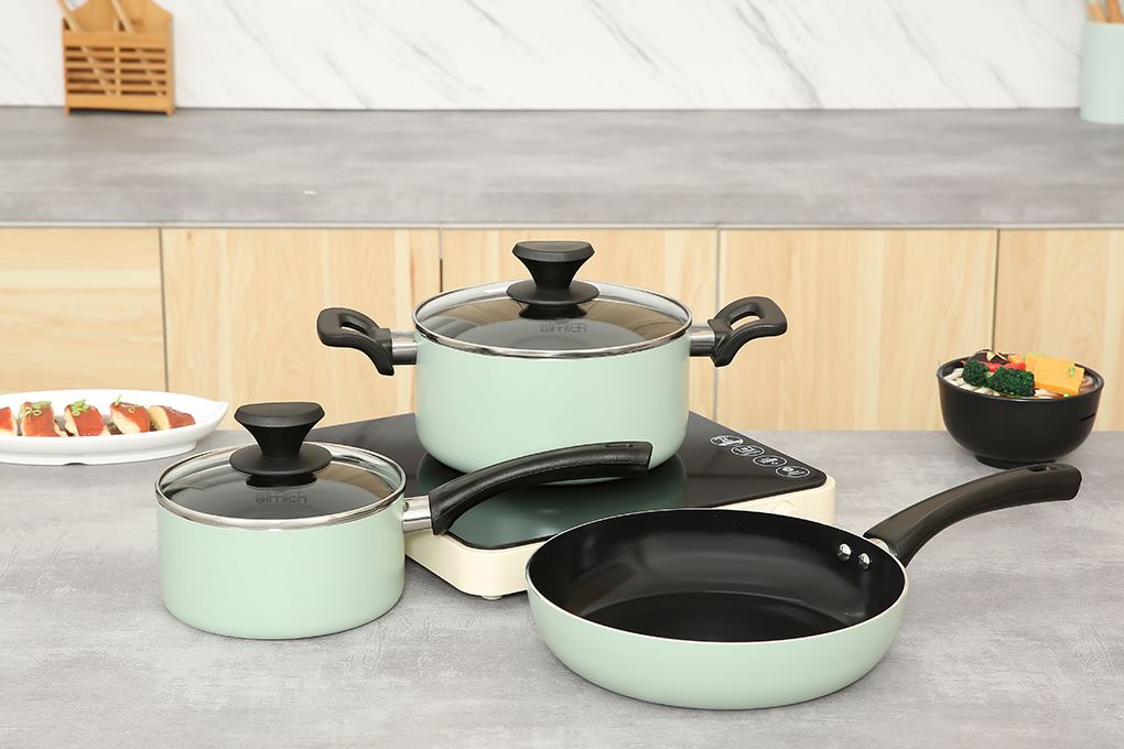 Bộ nồi chảo quánh nhôm chống dính nắp kính Elmich EL-5212MN Màu Xanh lá