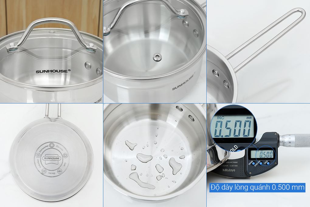 Bộ nồi quánh inox 5 đáy nắp kính Sunhouse SHG669 Màu Inox