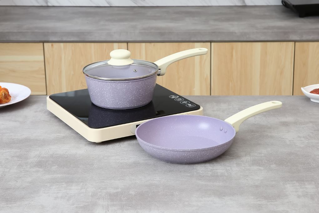 Bộ chảo quánh nhôm chống dính nắp kính Green Cook GCS247-T2 Màu Tím nhạt