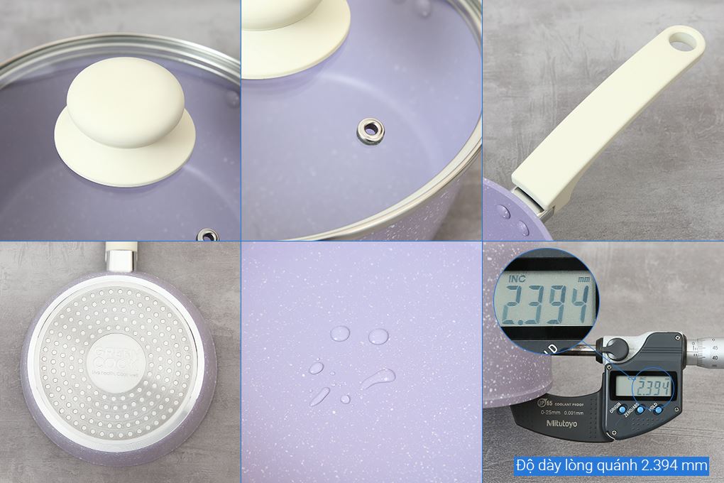 Bộ chảo quánh nhôm chống dính nắp kính Green Cook GCS247-T2 Màu Tím nhạt