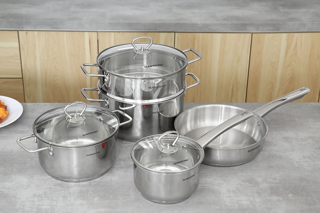 Bộ nồi chảo quánh inox nắp kính Sunhouse SHG991 Màu Inox