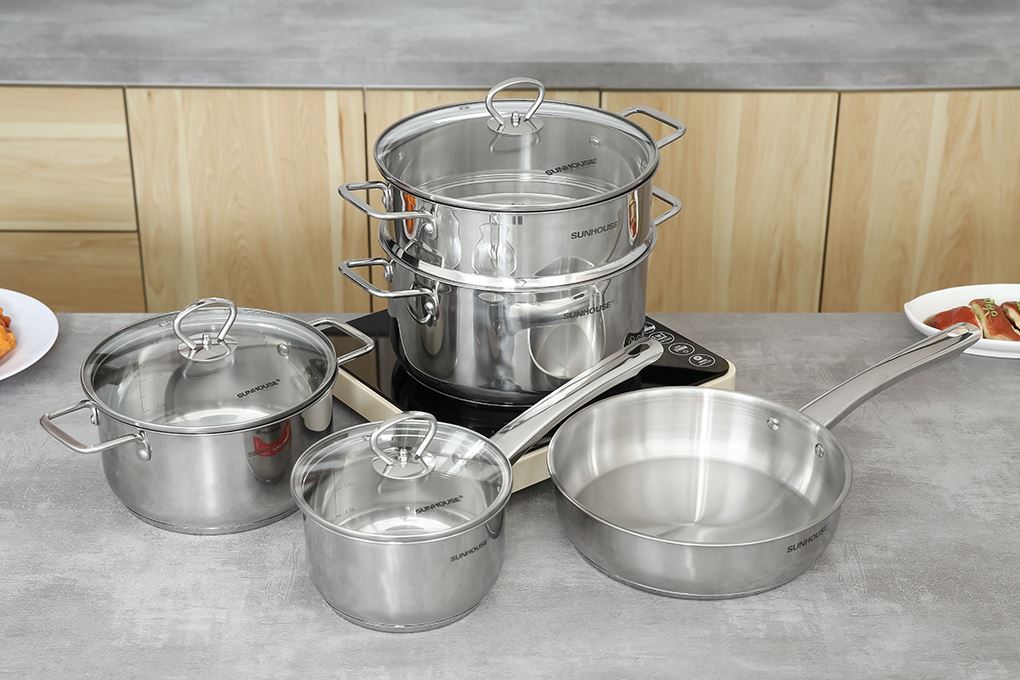 Bộ nồi chảo quánh inox nắp kính Sunhouse SHG991 Màu Inox