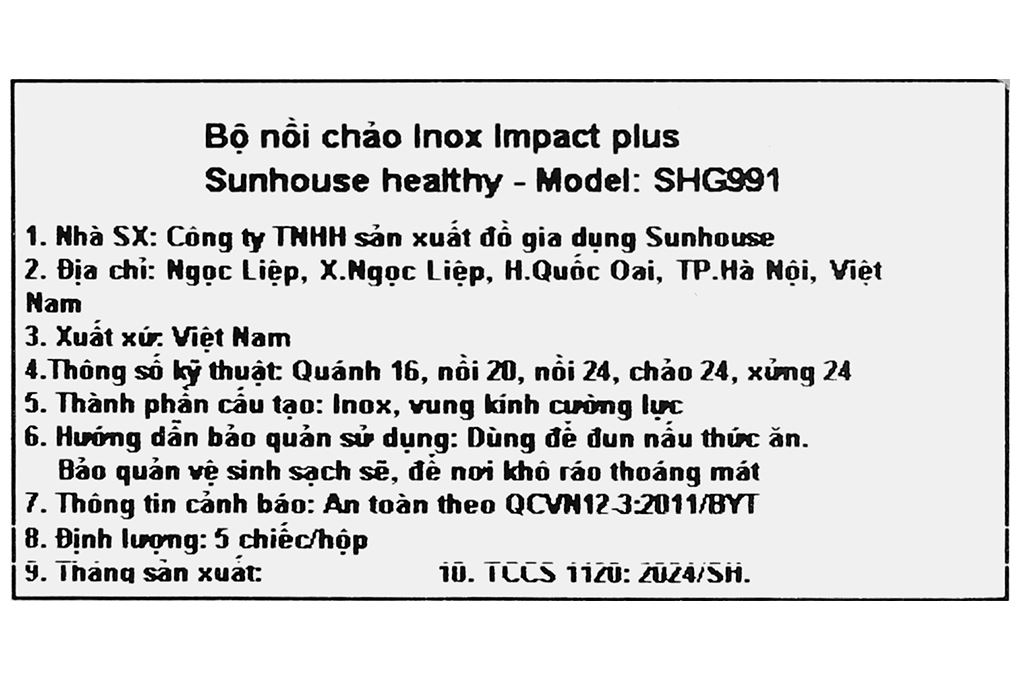 Bộ nồi chảo quánh inox nắp kính Sunhouse SHG991 Màu Inox