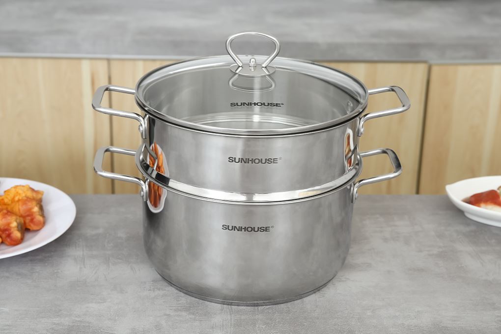 Bộ nồi chảo quánh inox nắp kính Sunhouse SHG991 Màu Inox