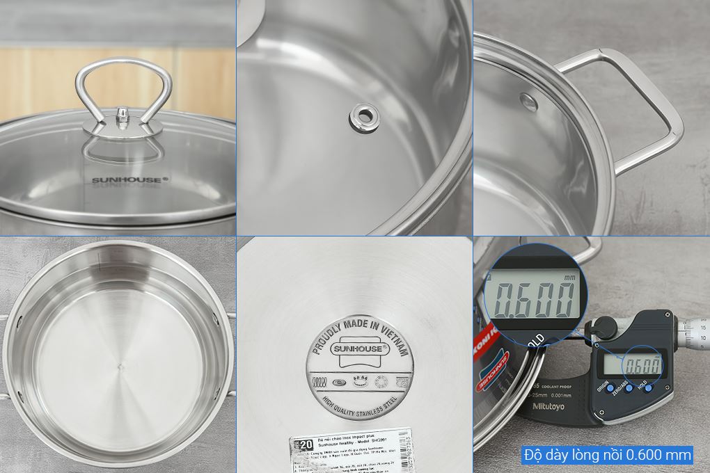Bộ nồi chảo quánh inox nắp kính Sunhouse SHG991 Màu Inox