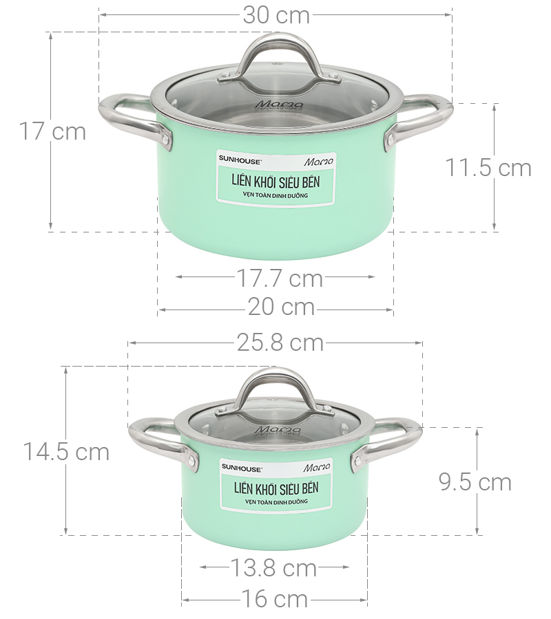 Bộ 2 nồi inox 3 đáy nắp kính Sunhouse Mama SHG702