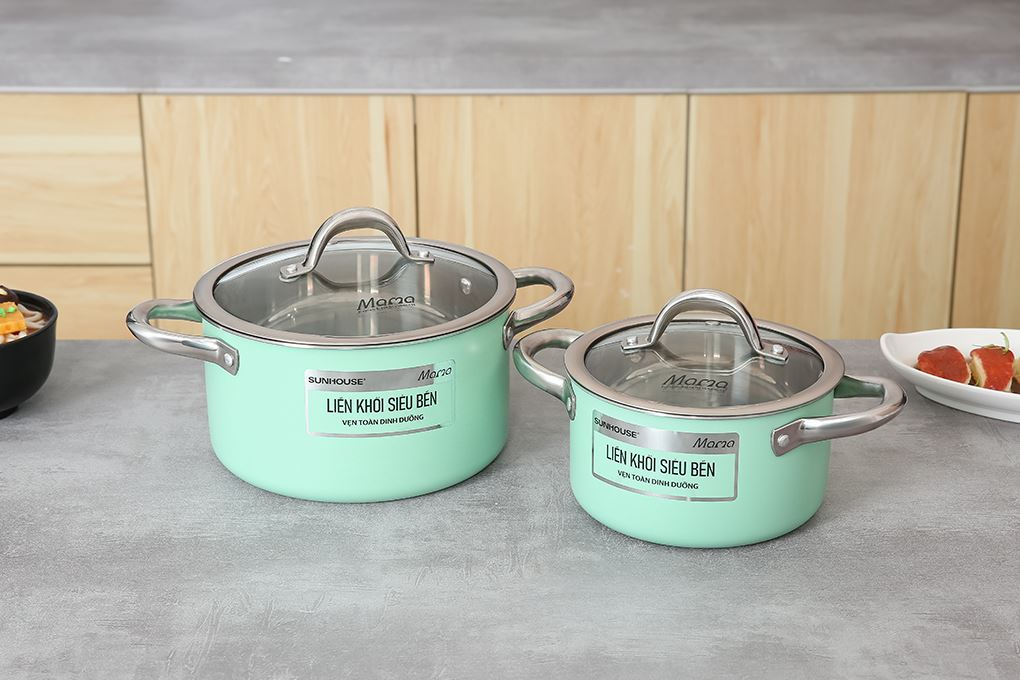 Bộ 2 nồi inox 3 đáy nắp kính Sunhouse Mama SHG702 Màu Xanh lá