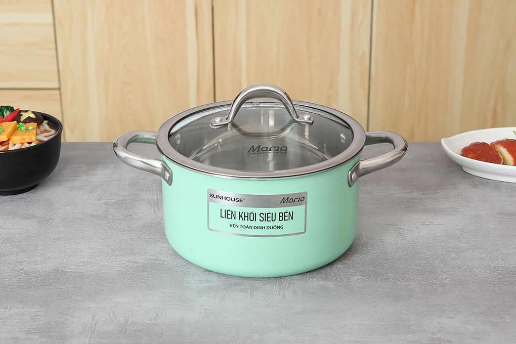 Bộ 2 nồi inox 3 đáy nắp kính Sunhouse Mama SHG702 Màu Xanh lá
