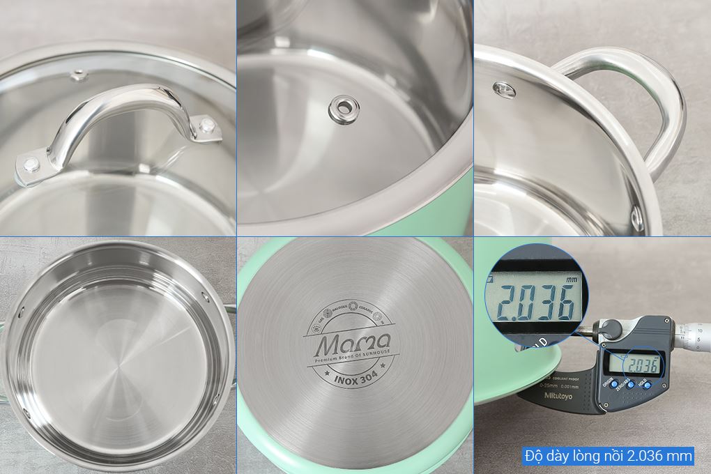 Bộ 2 nồi inox 3 đáy nắp kính Sunhouse Mama SHG702 Màu Xanh lá