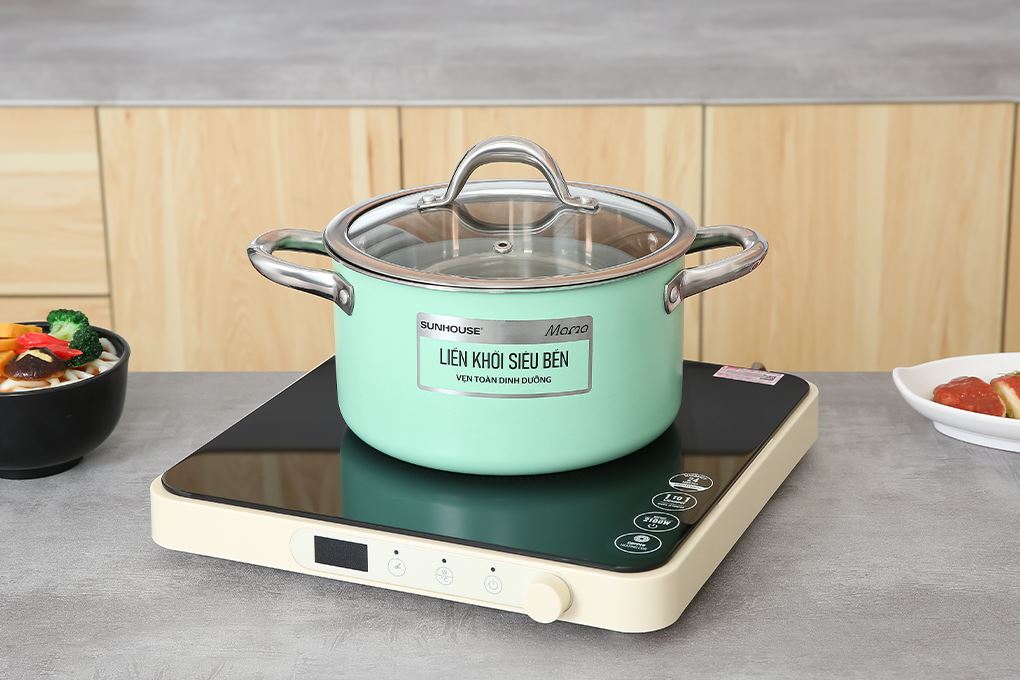 Bộ 2 nồi inox 3 đáy nắp kính Sunhouse Mama SHG702 Màu Xanh lá