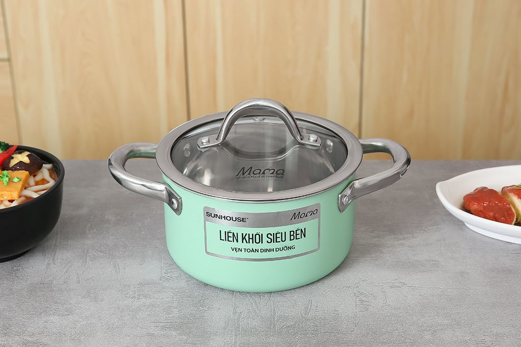 Bộ 2 nồi inox 3 đáy nắp kính Sunhouse Mama SHG702 Màu Xanh lá