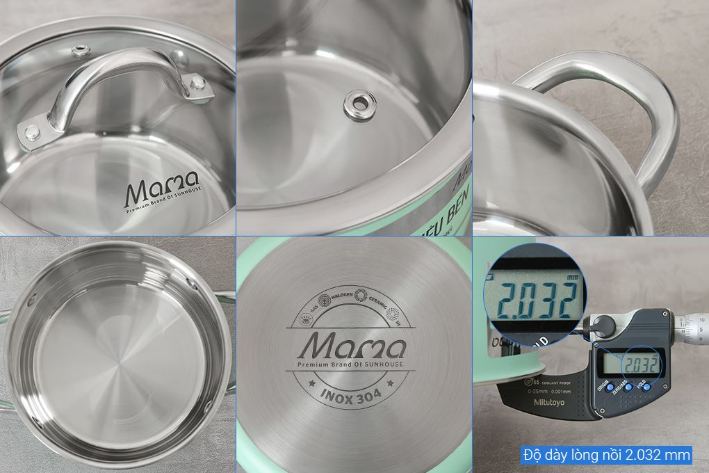 Bộ 2 nồi inox 3 đáy nắp kính Sunhouse Mama SHG702 Màu Xanh lá