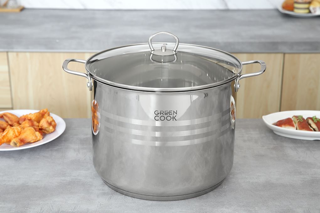 Nồi luộc gà inox 5 đáy nắp kính 28 cm Green Cook GCS243-28IH Màu Inox