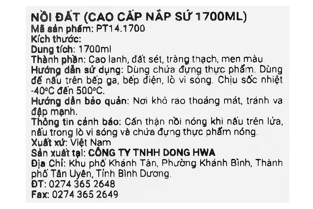 Nồi đất nắp sứ 17 cm Dong hwa PT14.1700 Màu Xanh đen