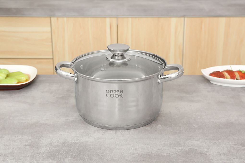 Nồi inox 5 đáy nắp kính 22 cm Green Cook GCS243-22IH Màu Inox
