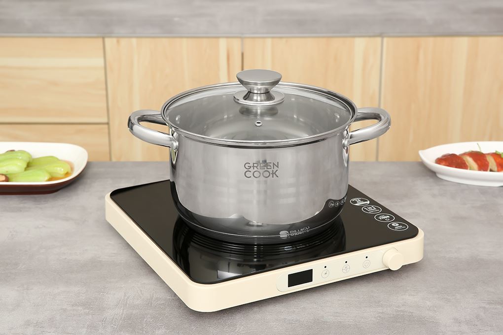 Nồi inox 5 đáy nắp kính 22 cm Green Cook GCS243-22IH Màu Inox