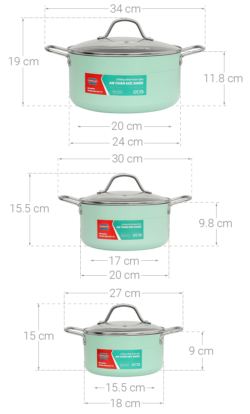 Bộ 3 nồi nhôm 3 đáy nắp kính Sunhouse Eco SHG1122MX