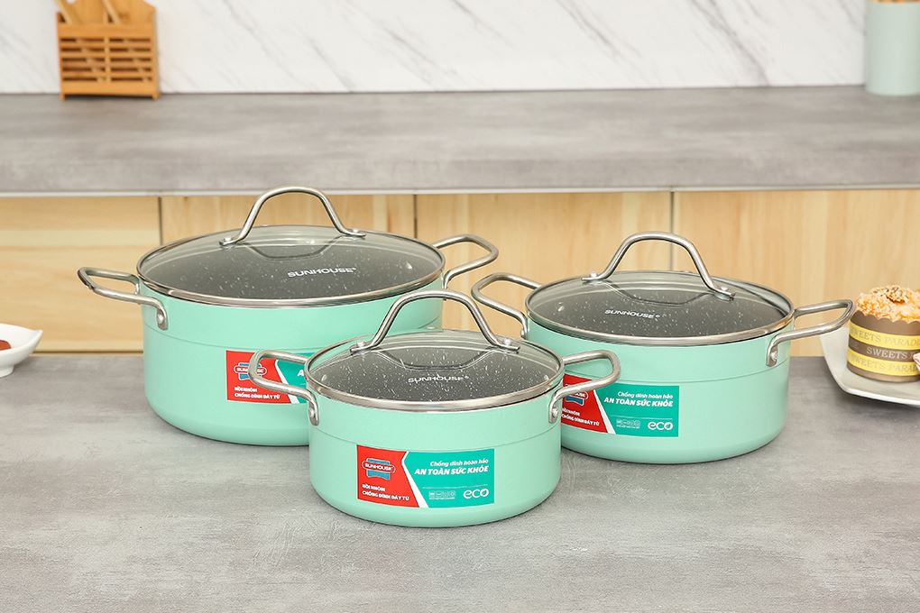 Bộ 3 nồi nhôm 3 đáy nắp kính Sunhouse Eco SHG1122MX Màu Xanh