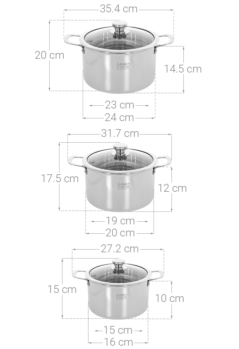 Bộ 3 nồi inox 3 lớp nguyên khối nắp kính Green Cook GCS256-T1
