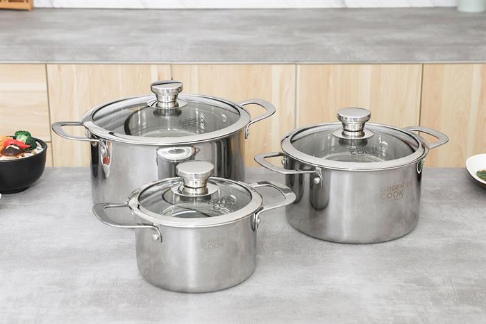 Bộ 3 nồi inox 3 lớp nguyên khối nắp kính Green Cook GCS256-T1
