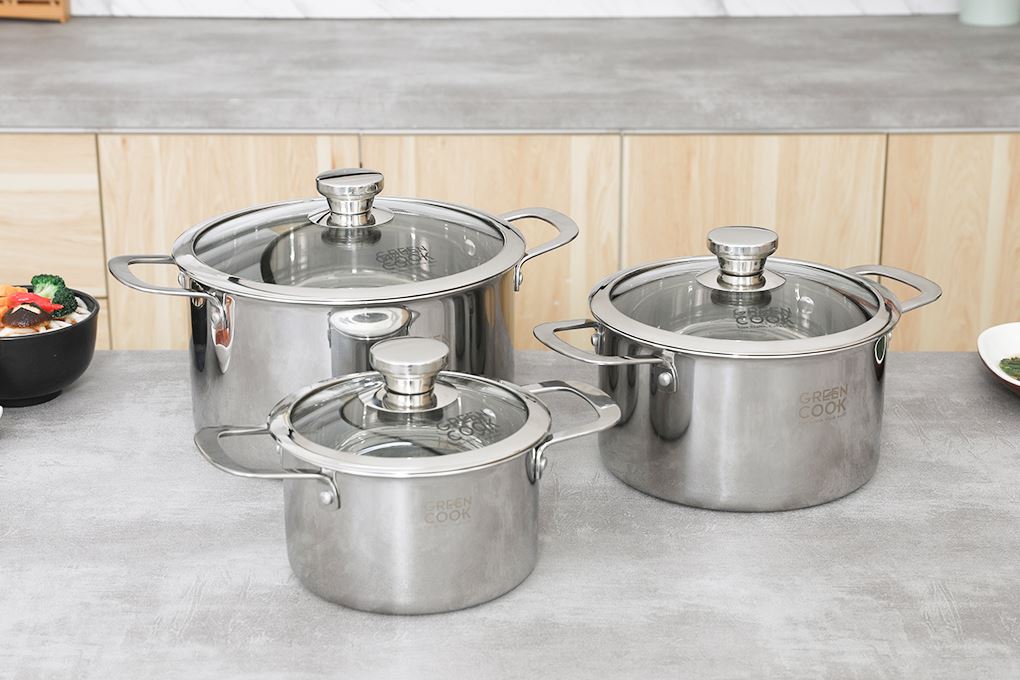 Bộ 3 nồi inox 3 lớp nguyên khối nắp kính Green Cook GCS256-T1 Màu Inox