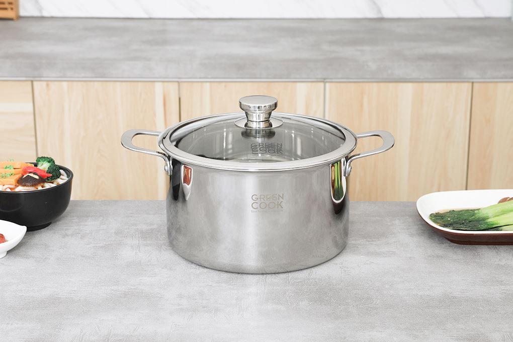 Bộ 3 nồi inox 3 lớp nguyên khối nắp kính Green Cook GCS256-T1 Màu Inox