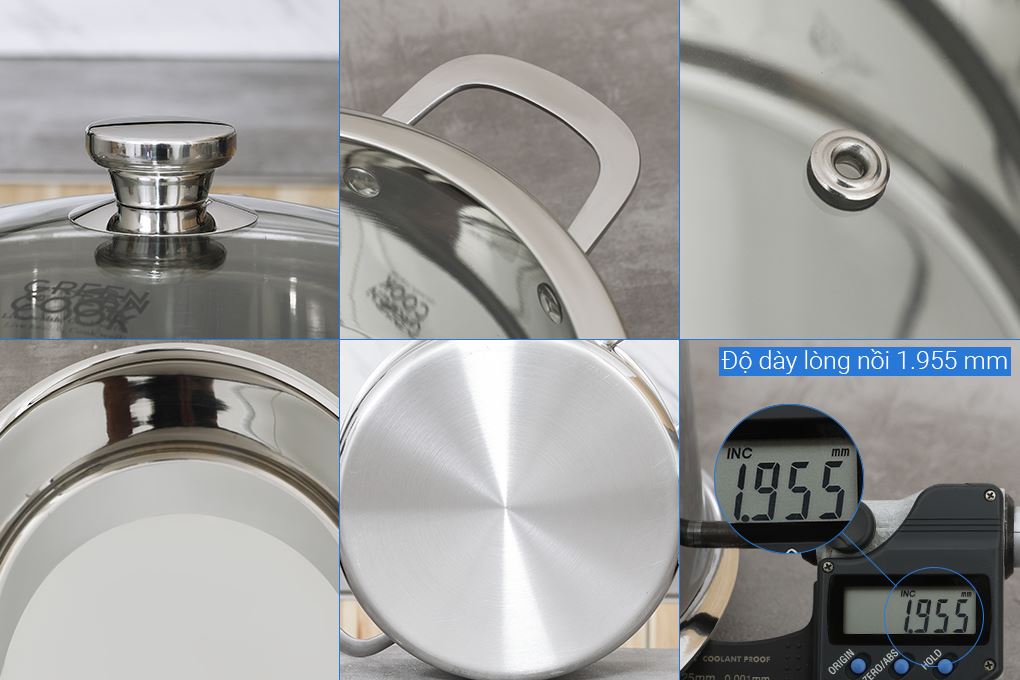 Bộ 3 nồi inox 3 lớp nguyên khối nắp kính Green Cook GCS256-T1 Màu Inox
