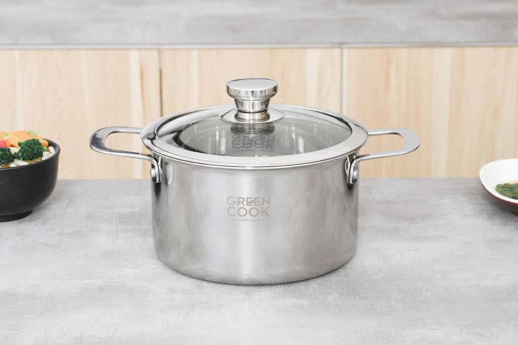 Bộ 3 nồi inox 3 lớp nguyên khối nắp kính Green Cook GCS256-T1 Màu Inox