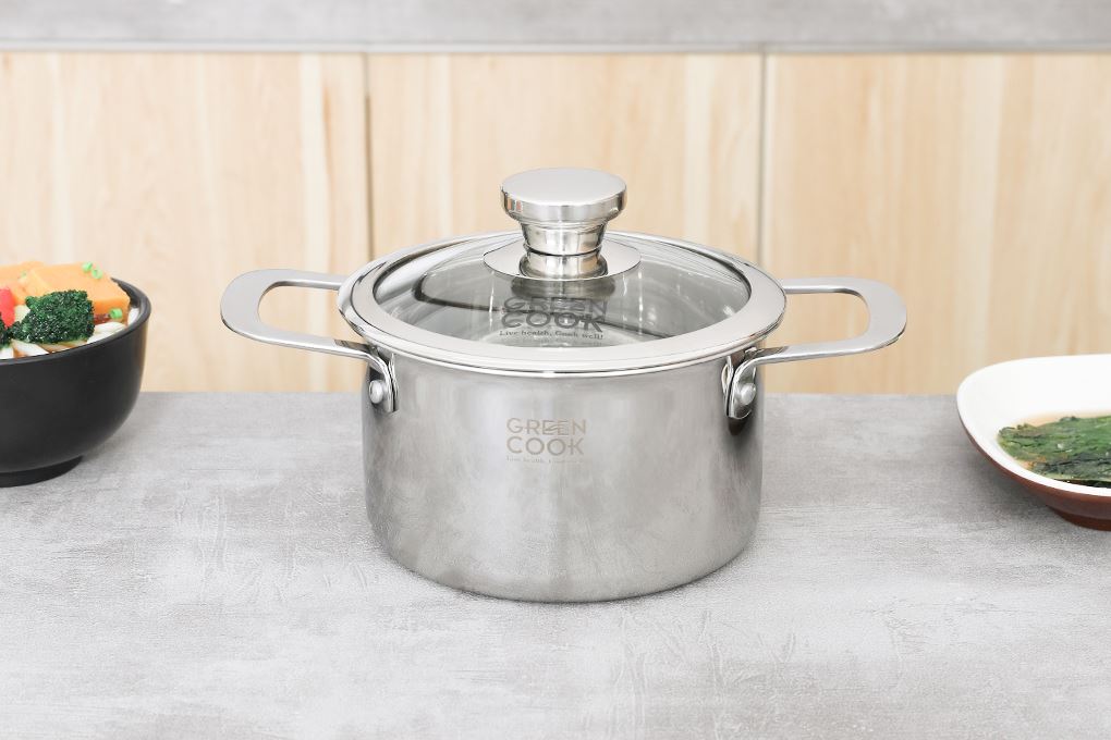 Bộ 3 nồi inox 3 lớp nguyên khối nắp kính Green Cook GCS256-T1 Màu Inox