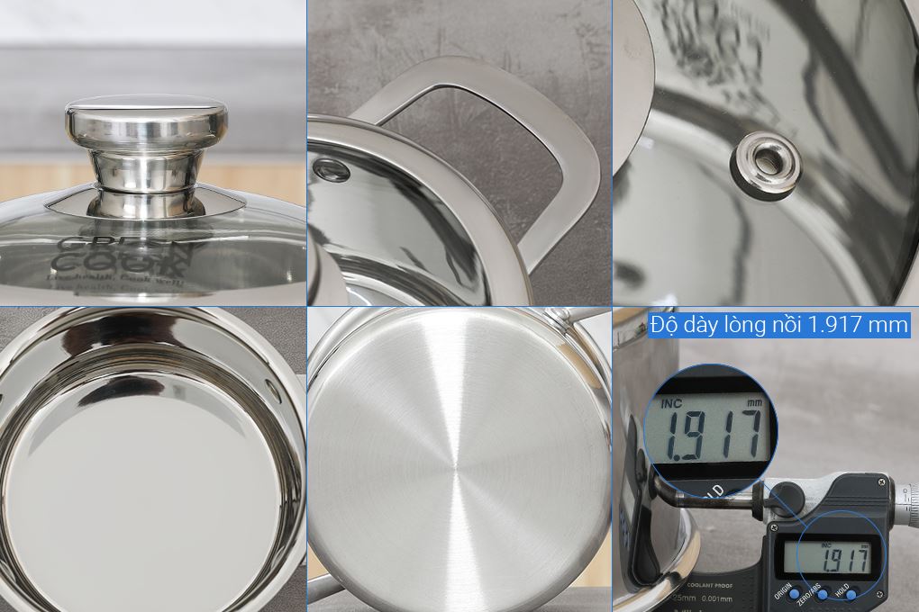 Bộ 3 nồi inox 3 lớp nguyên khối nắp kính Green Cook GCS256-T1 Màu Inox