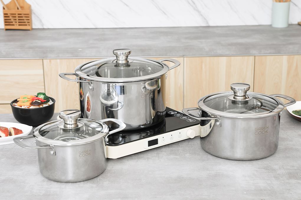 Bộ 3 nồi inox 3 lớp nguyên khối nắp kính Green Cook GCS256-T1 Màu Inox