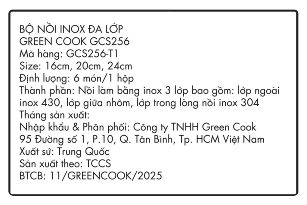 Bộ 3 nồi inox 3 lớp nguyên khối nắp kính Green Cook GCS256-T1 Màu Inox