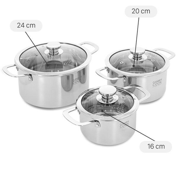 Bộ 3 nồi inox 3 lớp nguyên khối nắp kính Green Cook GCS256-T1