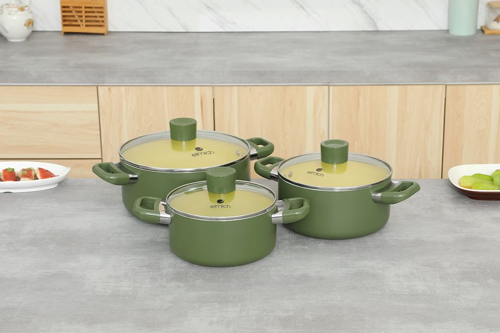 Bộ 3 nồi nhôm chống dính nắp kính Elmich Olive EL5245OV01 Màu Xanh