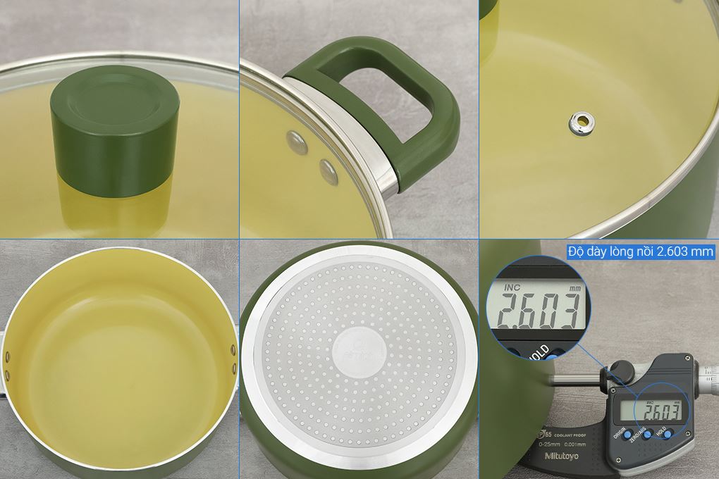 Bộ 3 nồi nhôm chống dính nắp kính Elmich Olive EL5245OV01 Màu Xanh