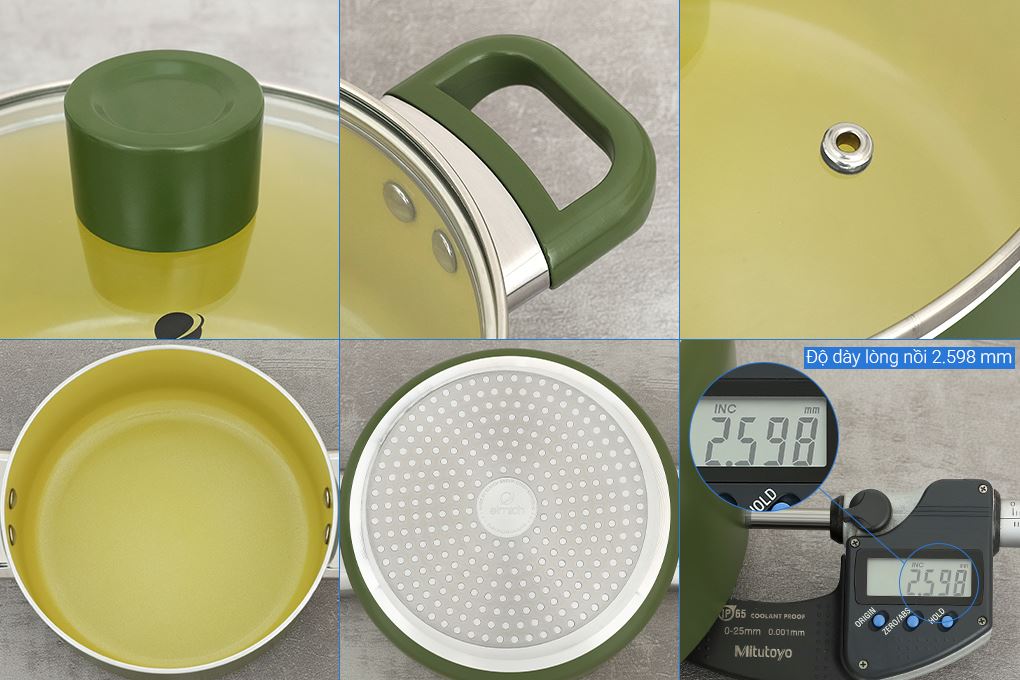 Bộ 3 nồi nhôm chống dính nắp kính Elmich Olive EL5245OV01 Màu Xanh
