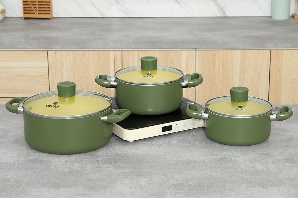 Bộ 3 nồi nhôm chống dính nắp kính Elmich Olive EL5245OV01 Màu Xanh