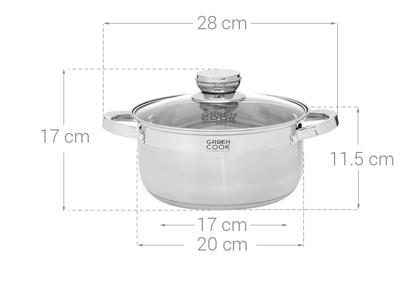 Nồi inox 3 đáy nắp kính 20 cm Green Cook GCS2515-20IH