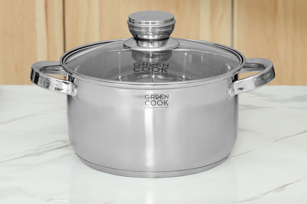 Nồi inox 3 đáy nắp kính 20 cm Green Cook GCS2515-20IH Màu Inox